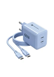 Forcell GaN3 tinklo įkroviklis su 2xUSB-C jungtimis ir USB-C laidu - 60W, 1 nuotrauka