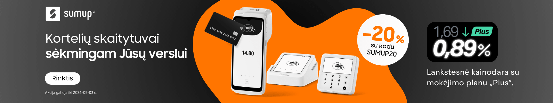 Sumup banko kortelių skaitytuvai akcija. Mobili prekyba