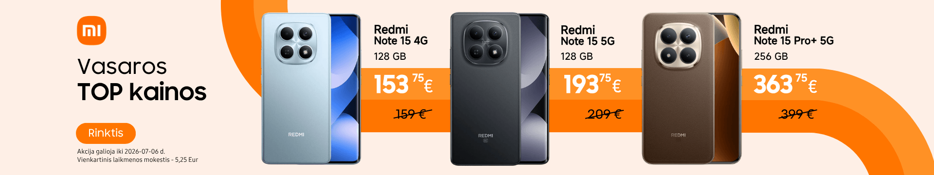 Xiaomi redmi Note 15 serijos telefonai tik nuo 159 Eur, Mobili prekyba