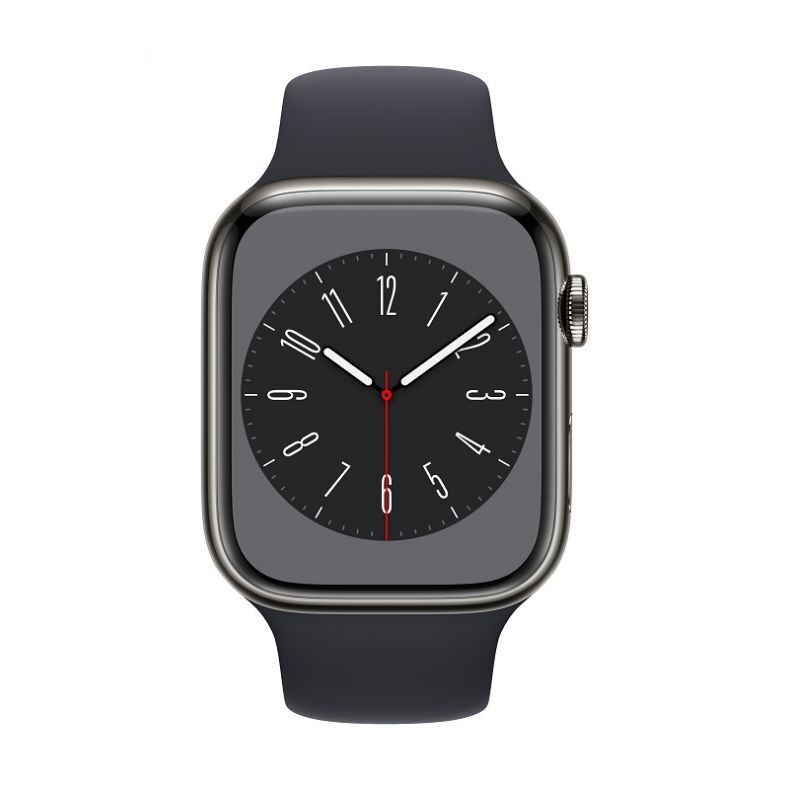 Apple_Watch_Series_8_Cellular_45mm_Graphite_Stainless_Steel_Midnight_Sport_Band_Pure_Front_Screen