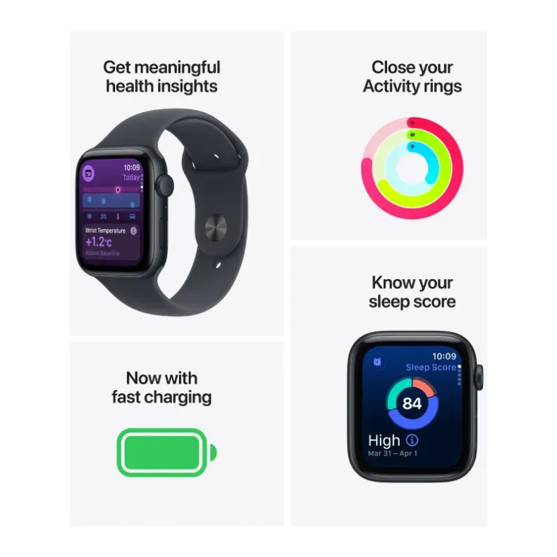 Apple Watch SE 3 44mm GPS Midnight Aluminum Sport Band Starlight - sveikatos stebejimas, m/l