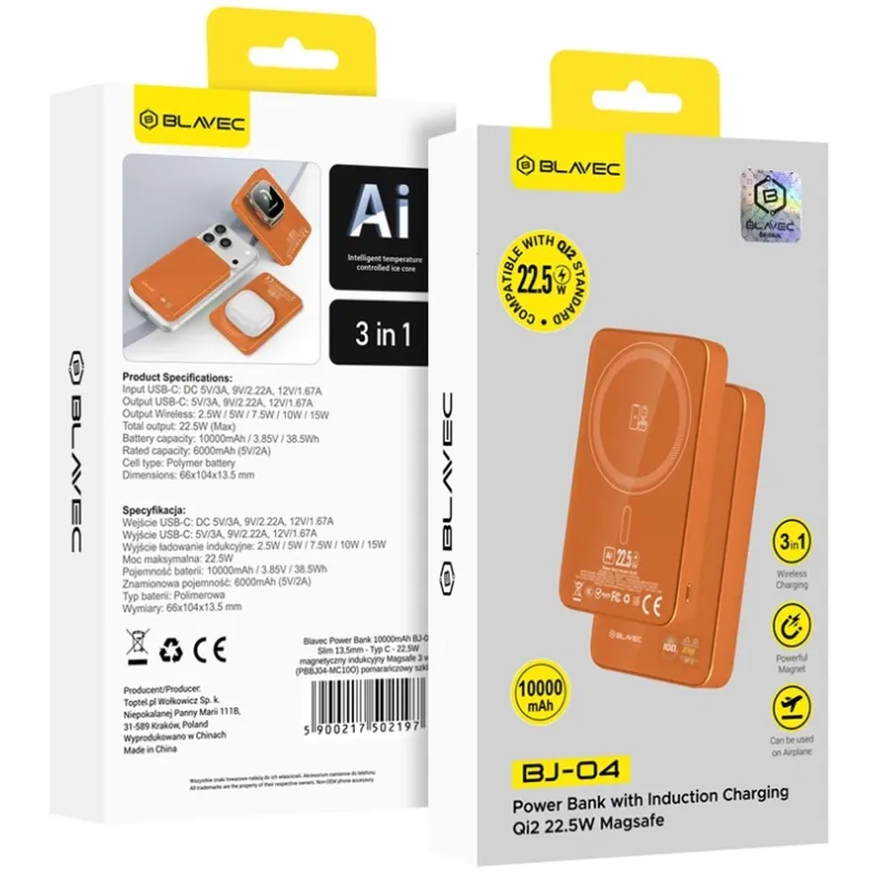 Blavec BJ-04 MagSafe belaidė išorinė baterija -10000 mAh, oranžinė, 4 nuotrauka
