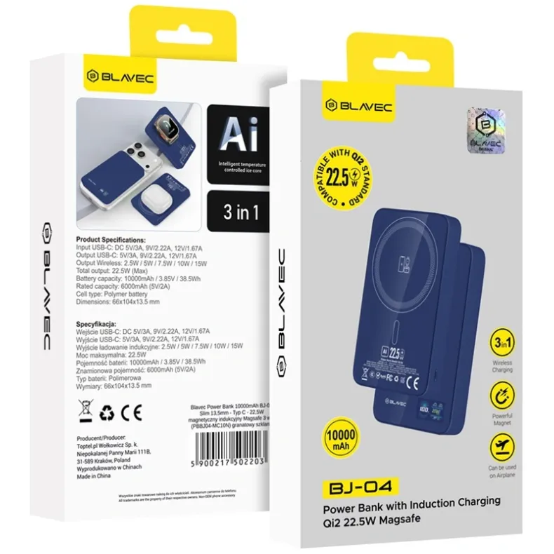 Blavec BJ-04 MagSafe belaidė išorinė baterija -10000 mAh, mėlyna, 4 nuotrauka