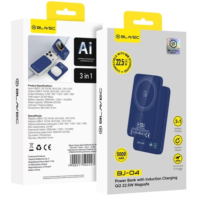 Blavec BJ-04 MagSafe belaidė išorinė baterija - 5000 mAh, mėlyna, 3 nuotrauka