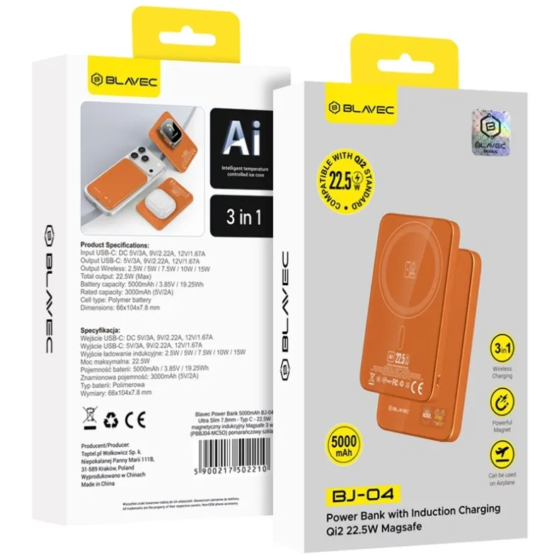 Blavec BJ-04 MagSafe belaidė išorinė baterija - 5000 mAh, oranžinė, 3 nuotrauka