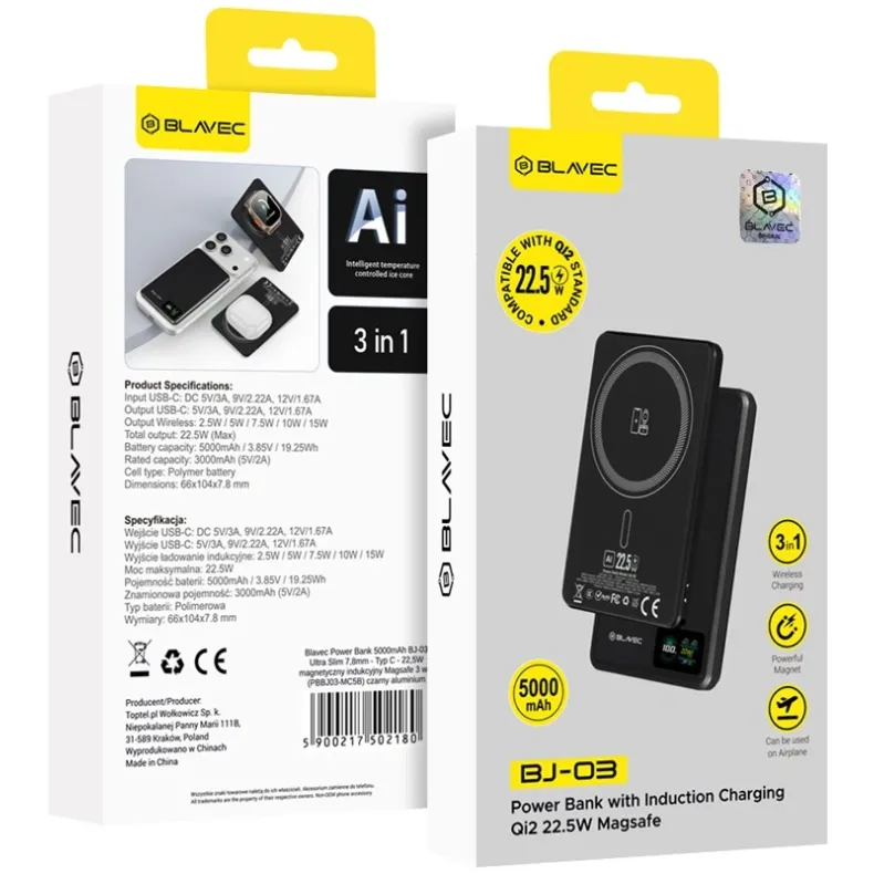 Blavec BJ-03 MagSafe išorinė baterija - 5000 mAh, juoda, 3 nuotrauka
