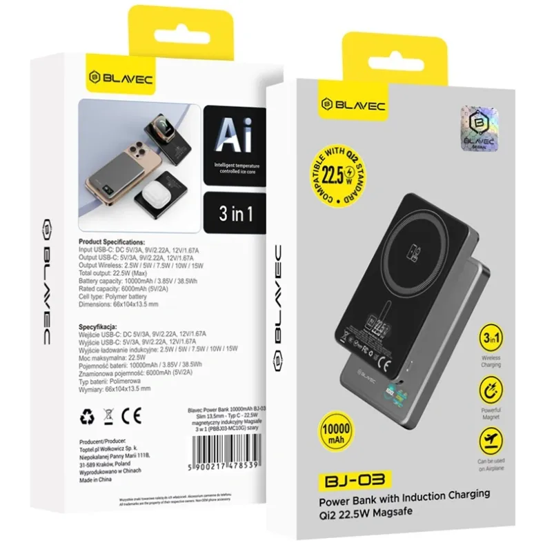 Blavec BJ-03 MagSafe išorinė baterija - 10000 mAh, pilka, 4 nuotrauka