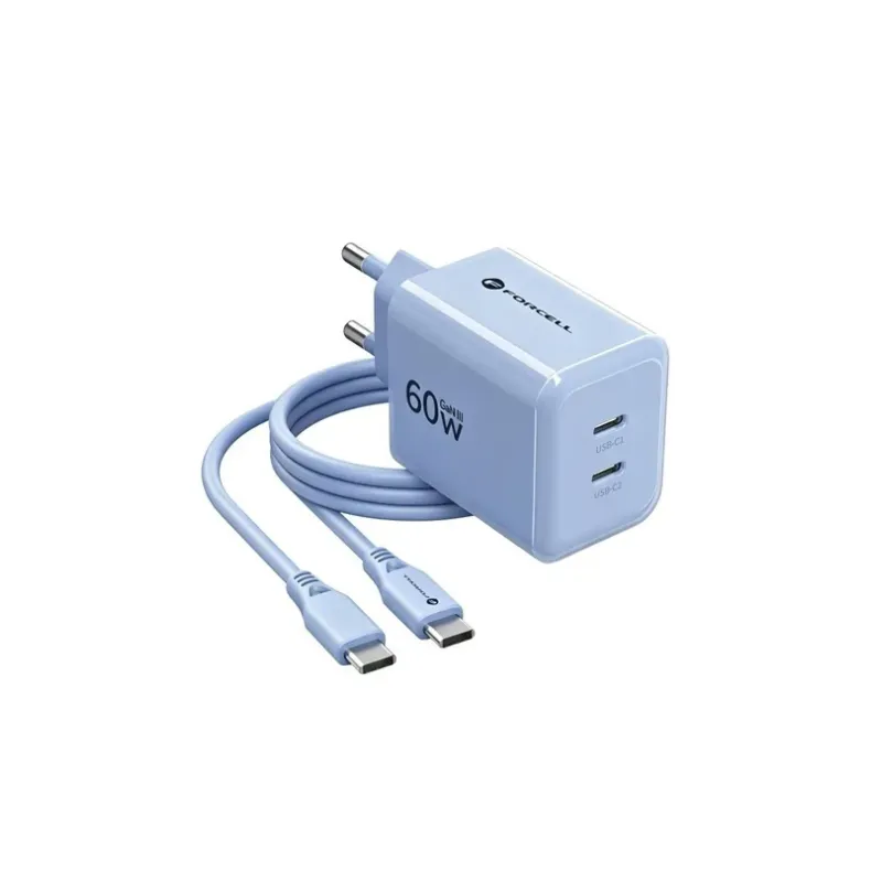 Forcell GaN3 tinklo įkroviklis su 2xUSB-C jungtimis ir USB-C laidu - 60W, 1 nuotrauka