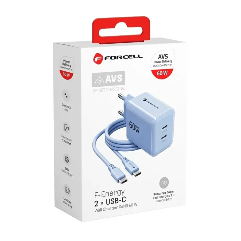 Forcell GaN3 tinklo įkroviklis su 2xUSB-C jungtimis ir USB-C laidu - 60W, 2 nuotrauka