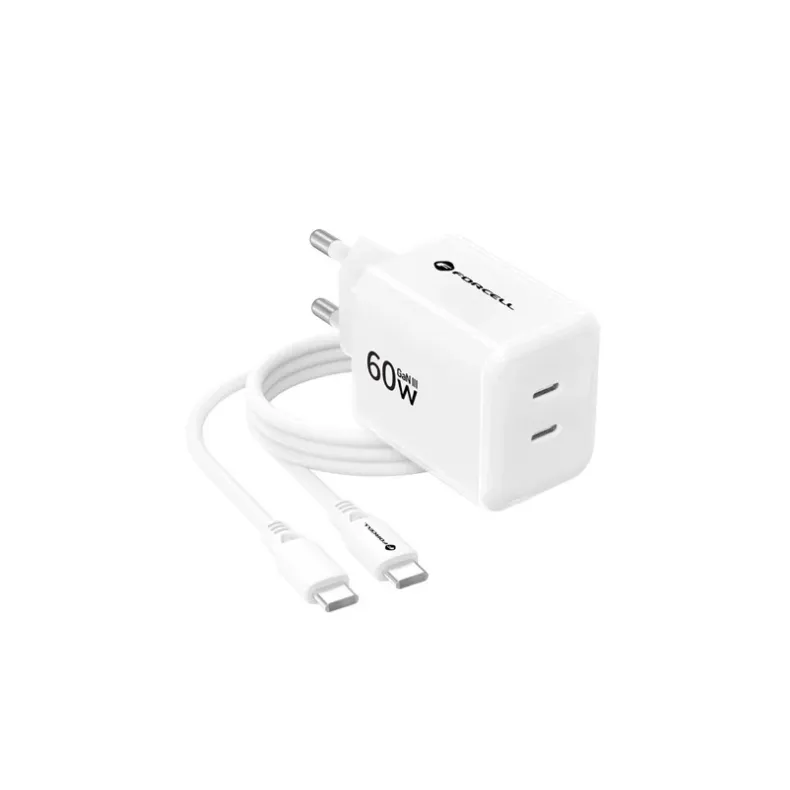 Forcell GaN3 tinklo įkroviklis su 2xUSB-C jungtimis ir USB-C laidu - 60W, 1 nuotrauka