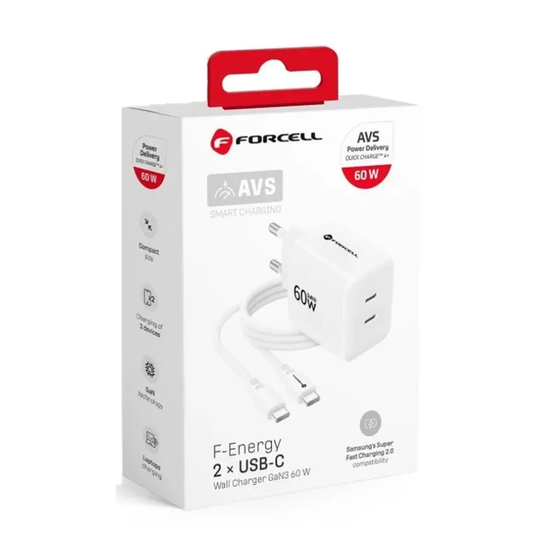 Forcell GaN3 tinklo įkroviklis su 2xUSB-C jungtimis ir USB-C laidu - 60W, 2 nuotrauka