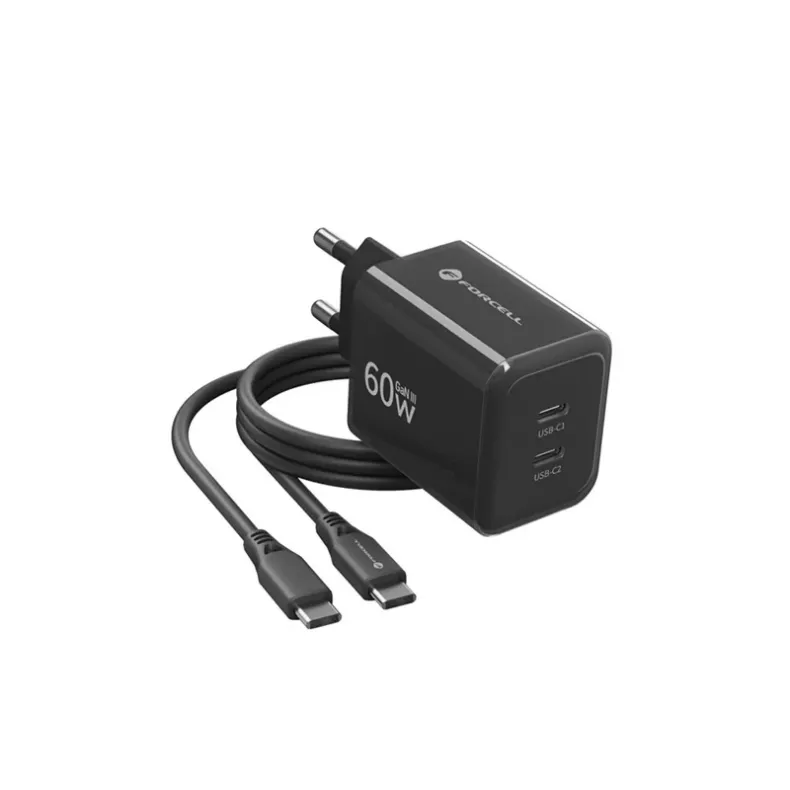 Forcell GaN3 tinklo įkroviklis su 2xUSB-C jungtimis ir USB-C laidu - 60W