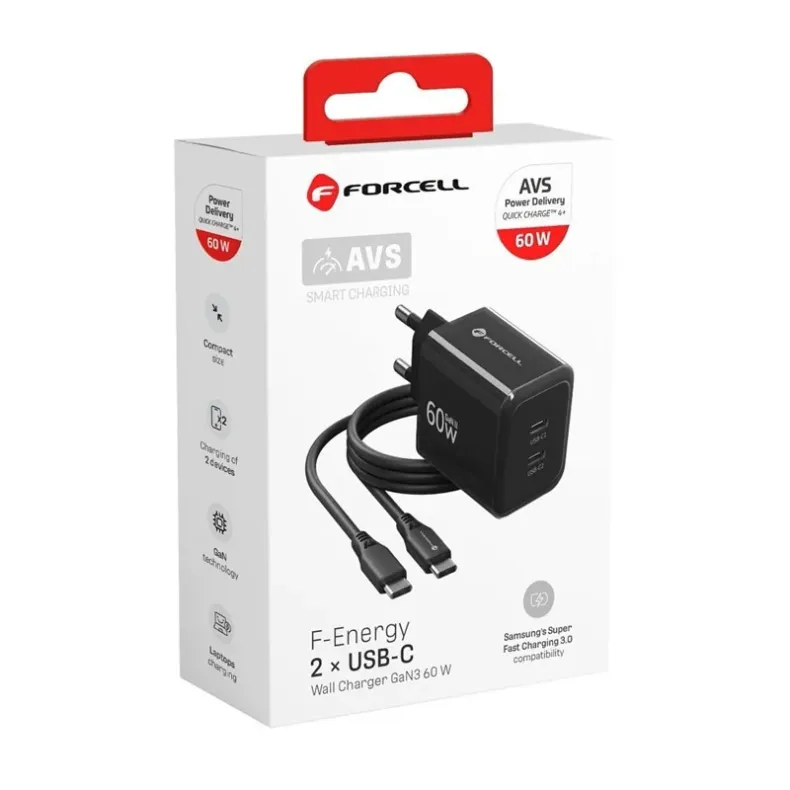 Forcell GaN3 tinklo įkroviklis su 2xUSB-C jungtimis ir USB-C laidu - 60W, 2 nuotrauka