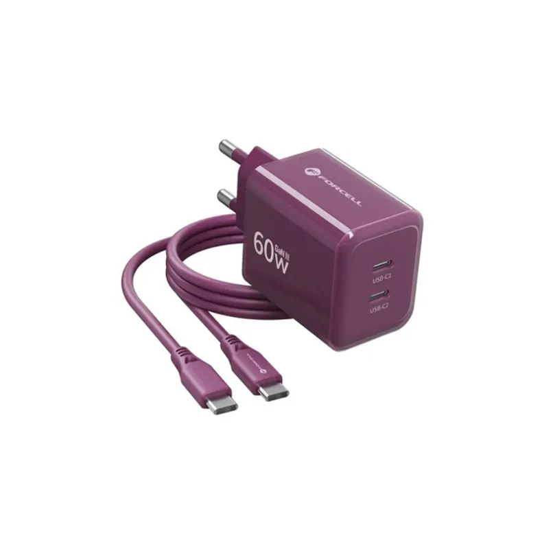 Forcell GaN3 tinklo įkroviklis su 2xUSB-C jungtimis ir USB-C laidu - 60W, 1 nuotrauka