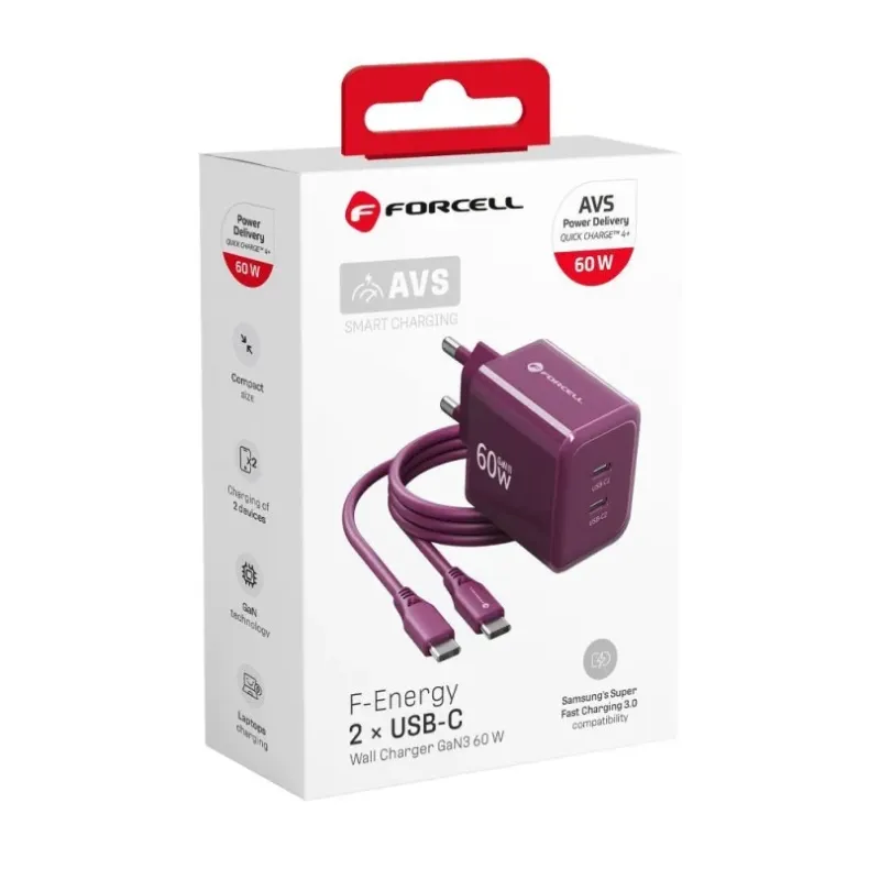 Forcell GaN3 tinklo įkroviklis su 2xUSB-C jungtimis ir USB-C laidu - 60W, 2 nuotrauka