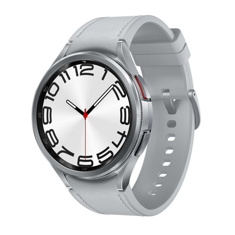 Samsung Watch6 classic 47mm sidabrines spalvos is priekio kampu su ijungimo mygtukais
