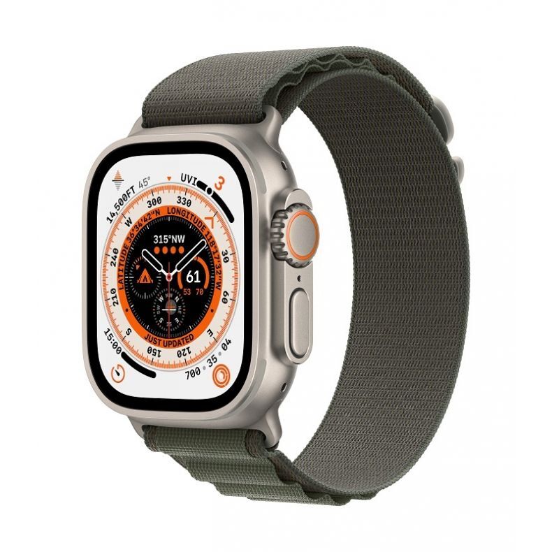  Apple_Watch_Ultra_Cellular_49mm_Titanium_Green_Alpine_Loop_34FR_Screen__USEN