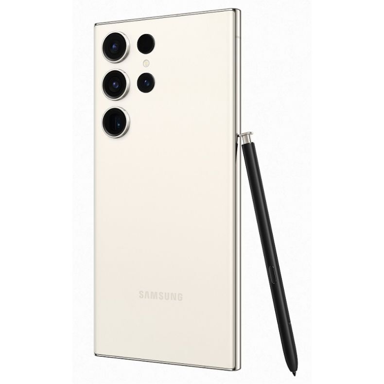 Samsung_galaxy_s23_ultra_beige spalvos_nugarele_su piestuku_kampu_kaire puse