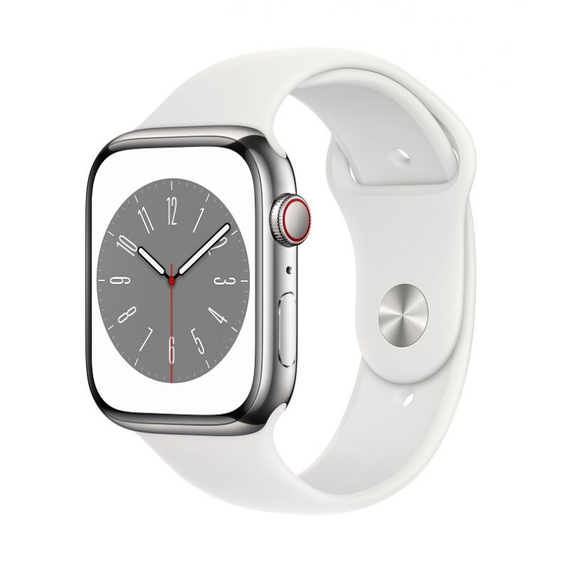 Apple_Watch_Series_8_Cellular_45mm_Silver_Stainless_Steel_White_Sport_Band_34FR_Screen