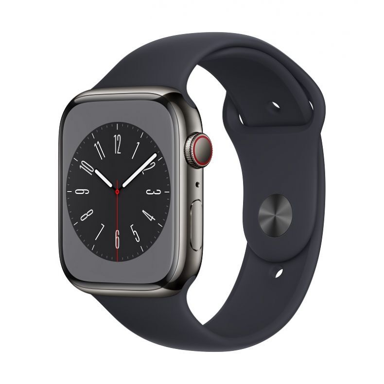 Apple_Watch_Series_8_Cellular_45mm_Graphite_Stainless_Steel_Midnight_Sport_Band_34FR_Screen