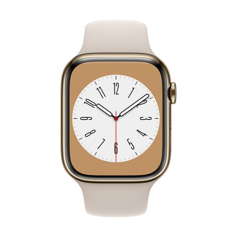 Apple_Watch_Series_8_Cellular_45mm_Gold_Stainless_Steel_Starlight_Sport_Band_Pure_Front_Screen