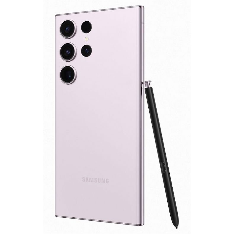Samsung_galaxy_s23_ultra_lavender spalvos_nugarele_su piestuku_kampu_kaire puse