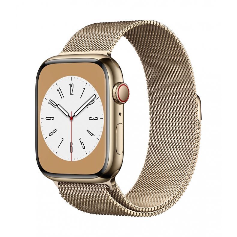 Apple_Watch_Series_8_Cellular_45mm_Gold_Stainless_Steel_Gold_Milanese_Loop_34FR_Screen