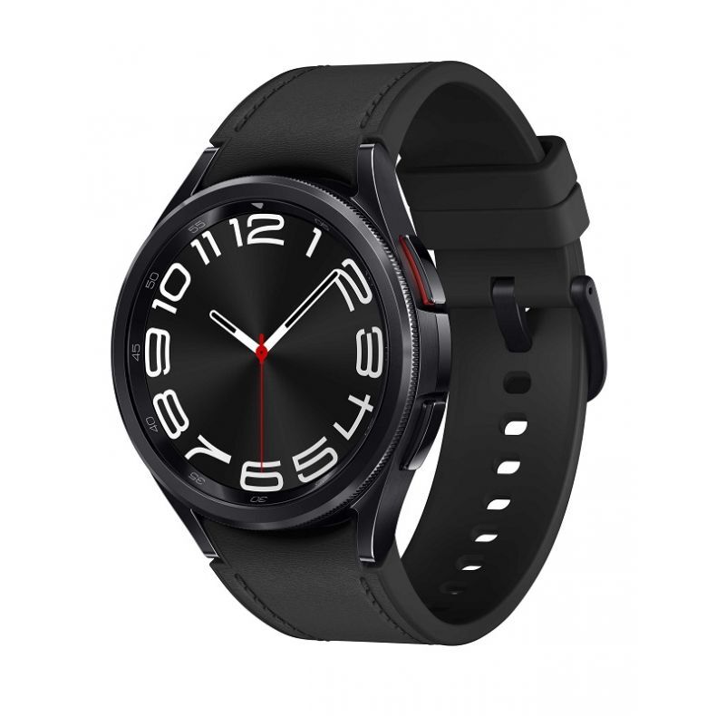 Samsung Watch6 classic 43mm juodos spalvos is priekio kampu su ijungimo mygtukais