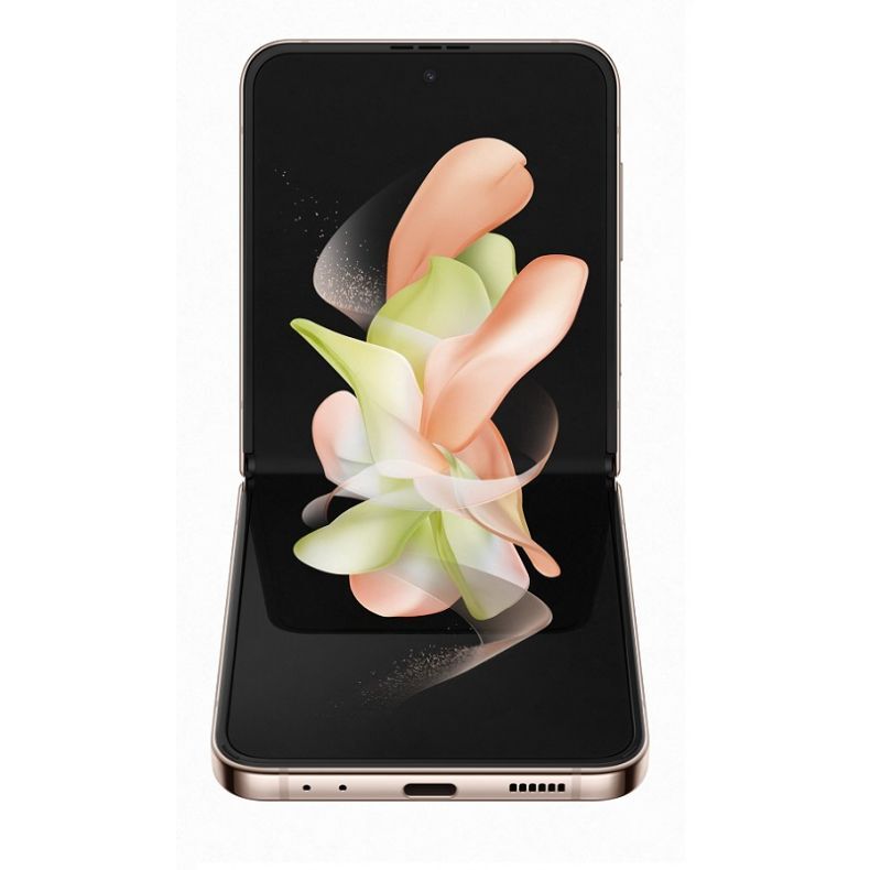 Samsung Z Flip4 sulenktas is priekio spalva rozinis auksas