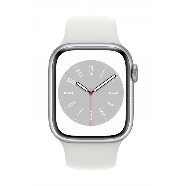 Apple_Watch_Series_8_Cellular_41mm_Silver_Aluminum_White_Sport_Band_Pure_Front_Screen