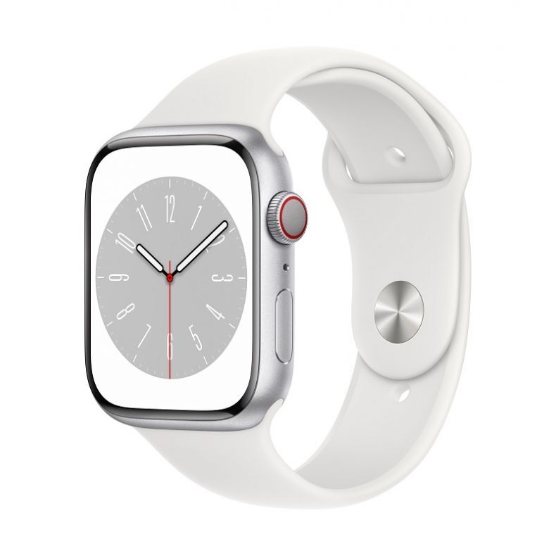  Apple_Watch_Series_8_Cellular_45mm_Silver_Aluminum_White_Sport_Band_34FR_Screen__USE