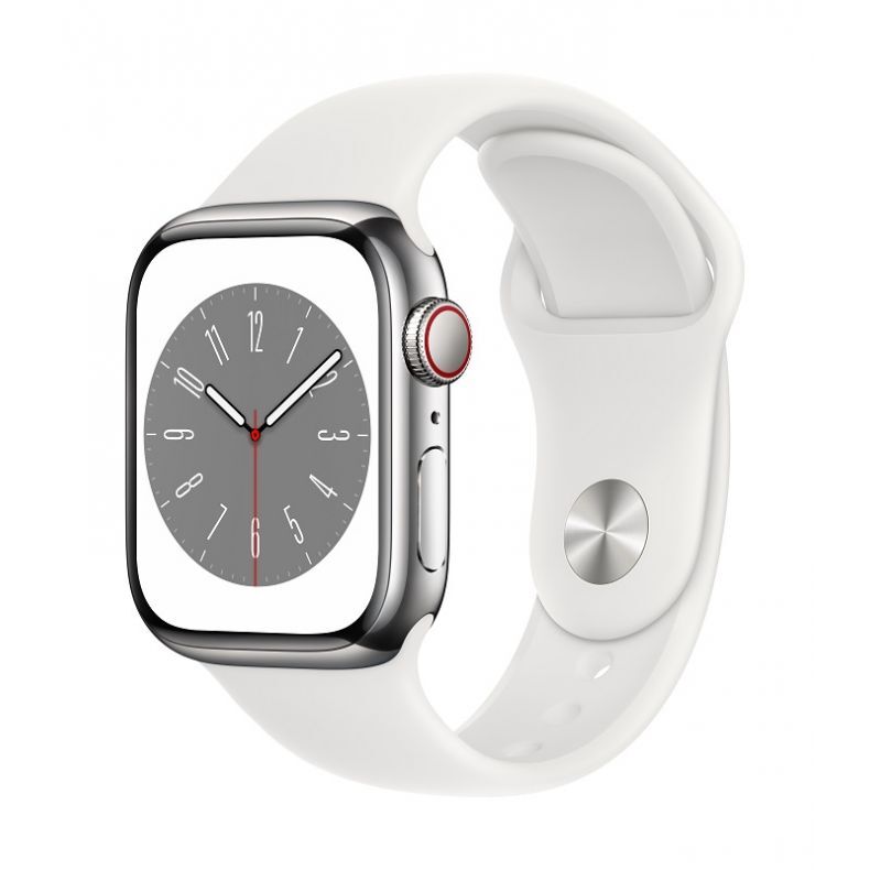 Apple_Watch_Series_8_Cellular_41mm_Silver_Stainless_Steel_White_Sport_Band_34FR_Screen