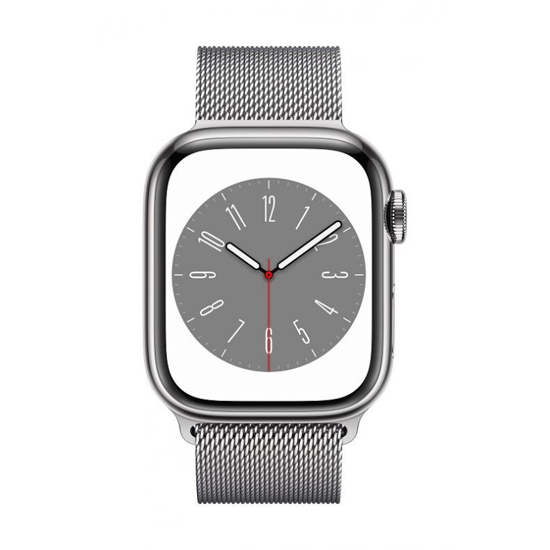 Apple_Watch_Series_8_Cellular_41mm_Silver_Stainless_Steel_Silver_Milanese_Loop_Pure_Front_Scree