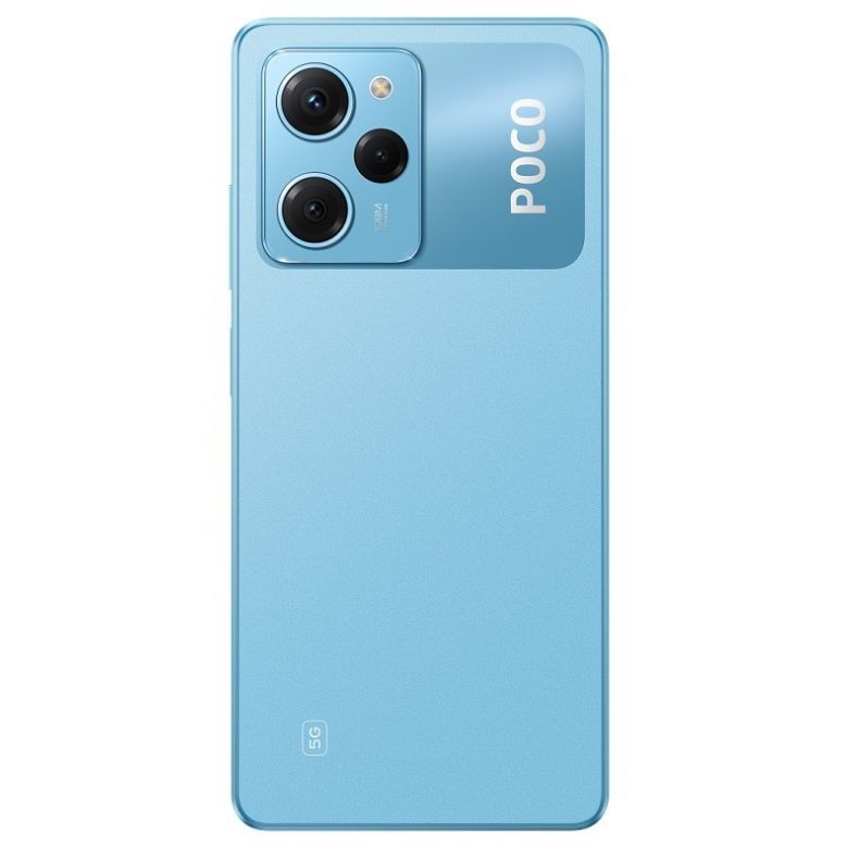 Poco X5 Pro nugarele melynos spalvos.