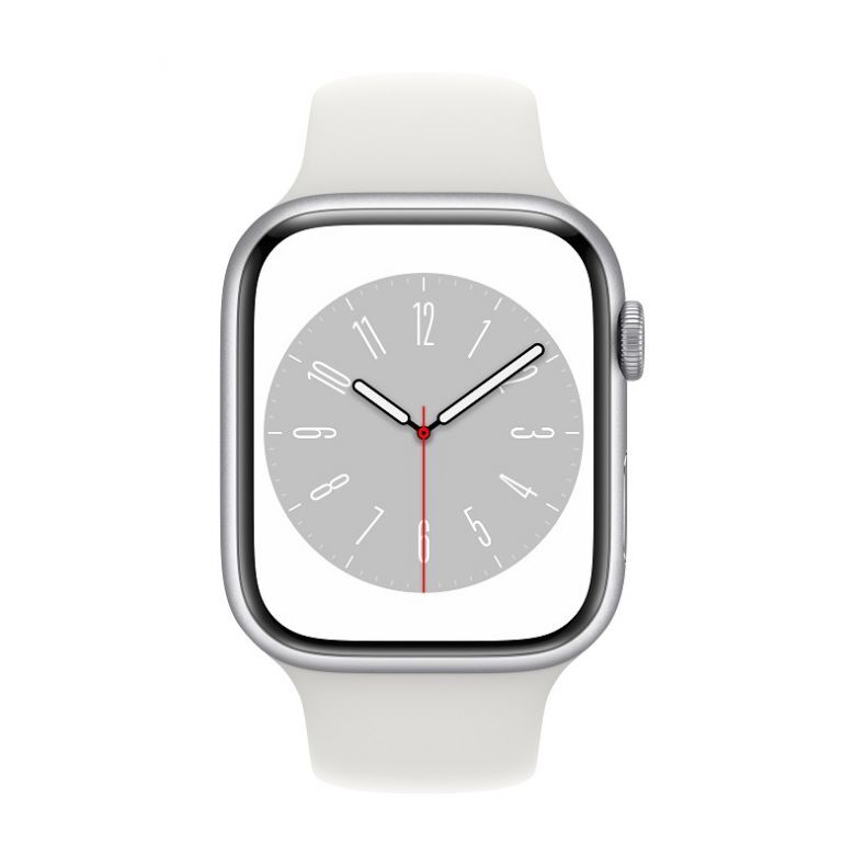 Apple_Watch_Series_8_Cellular_45mm_Silver_Aluminum_White_Sport_Band_Pure_Front_Screen