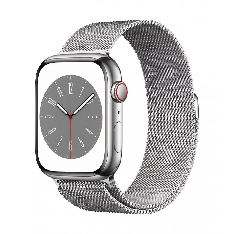 Apple_Watch_Series_8_Cellular_45mm_Silver_Stainless_Steel_Silver_Milanese_Loop_34FR_Screen