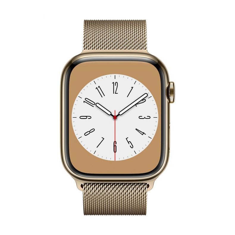 Apple_Watch_Series_8_Cellular_45mm_Gold_Stainless_Steel_Gold_Milanese_Loop_Pure_Front_Screen