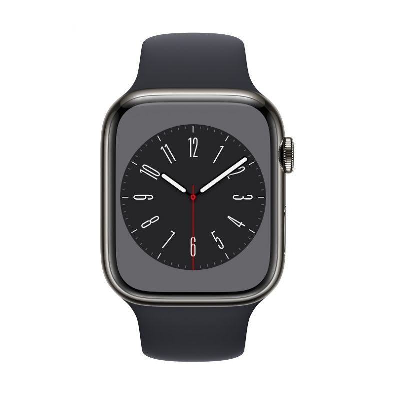 Apple_Watch_Series_8_Cellular_45mm_Graphite_Stainless_Steel_Midnight_Sport_Band_Pure_Front_Screen