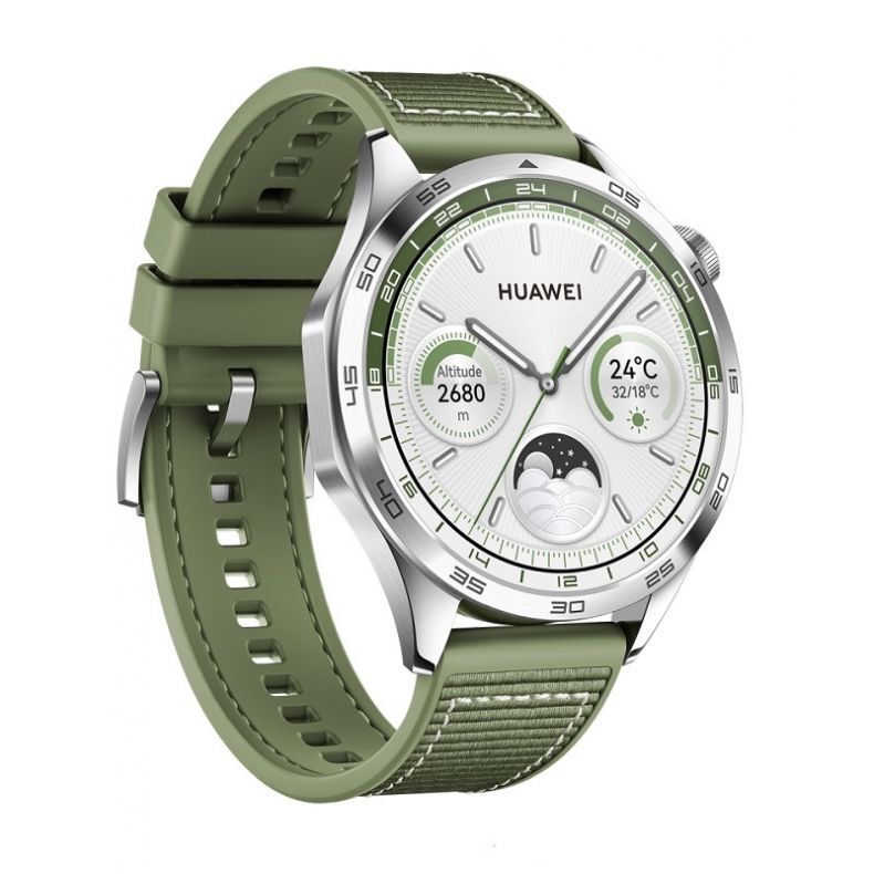Huawei Watch GT4 46mm su žalia apyranke kampu iš kairės puses