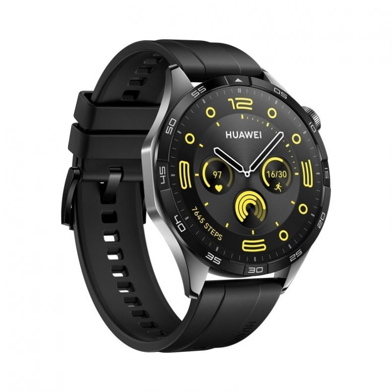 Huawei Watch GT4 46mm su juoda apyranke kampu iš kairės puses