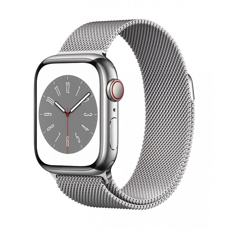 Apple_Watch_Series_8_Cellular_41mm_Silver_Stainless_Steel_Silver_Milanese_Loop_34FR_Scree
