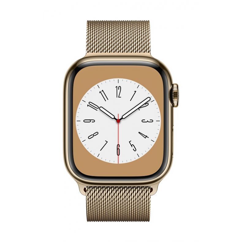  Apple_Watch_Series_8_Cellular_41mm_Gold_Stainless_Steel_Gold_Milanese_Loop_Pure_Front_Screen