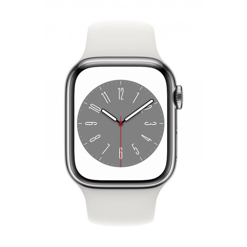  Apple_Watch_Series_8_Cellular_41mm_Silver_Stainless_Steel_White_Sport_Band_Pure_Front_Screen
