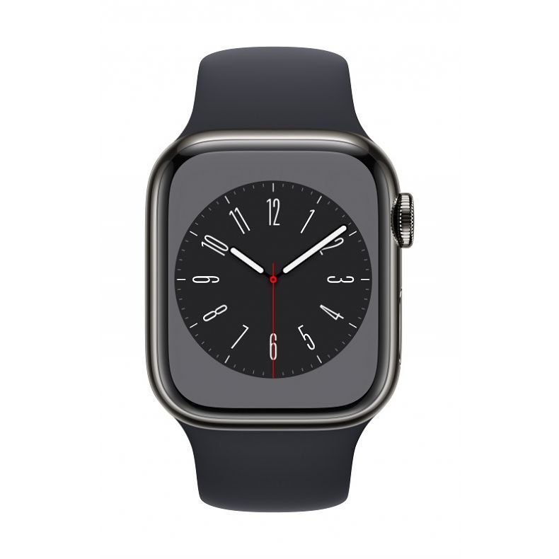  Apple_Watch_Series_8_Cellular_41mm_Graphite_Stainless_Steel_Midnight_Sport_Band_Pure_Front_Screen
