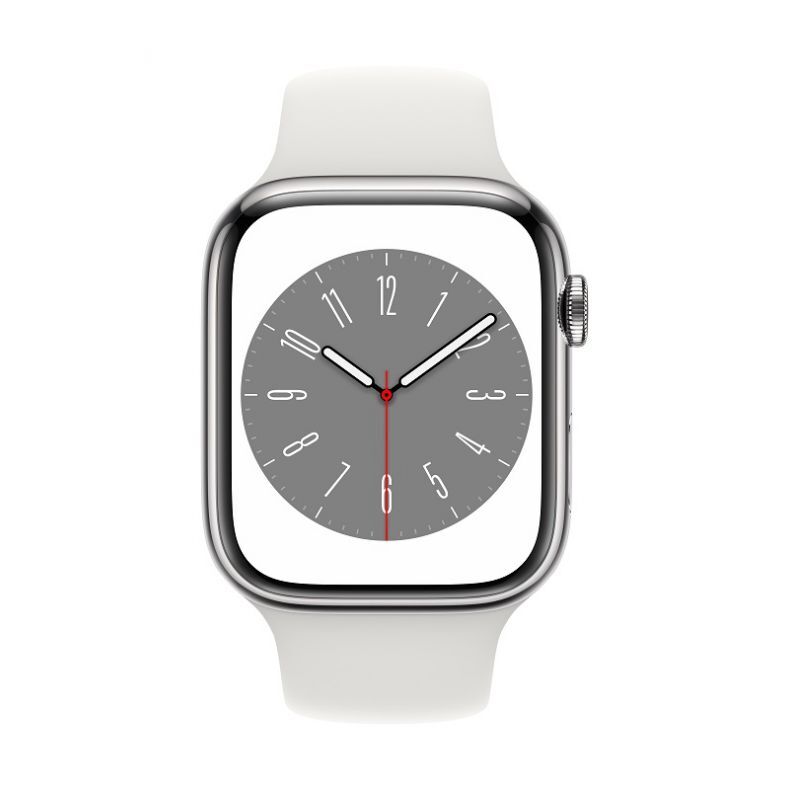 Apple_Watch_Series_8_Cellular_45mm_Silver_Stainless_Steel_White_Sport_Band_Pure_Front_Screen