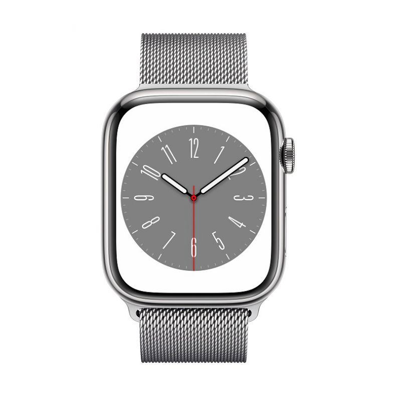Apple_Watch_Series_8_Cellular_45mm_Silver_Stainless_Steel_Silver_Milanese_Loop_Pure_Front_Screen