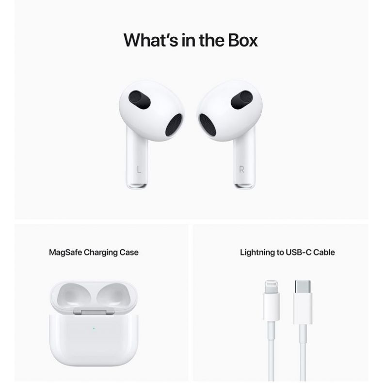 APPLE AirPods (3rd gen) belaidės ausinės komplektacija